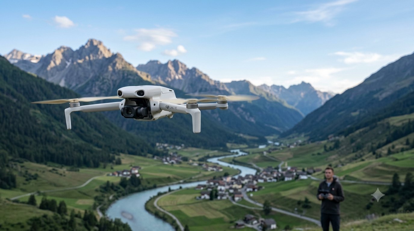 DJI Lito X1 Premium-Einsteiger-Drohne mit LiDAR-Hinderniserkennung im Flug über Alpental